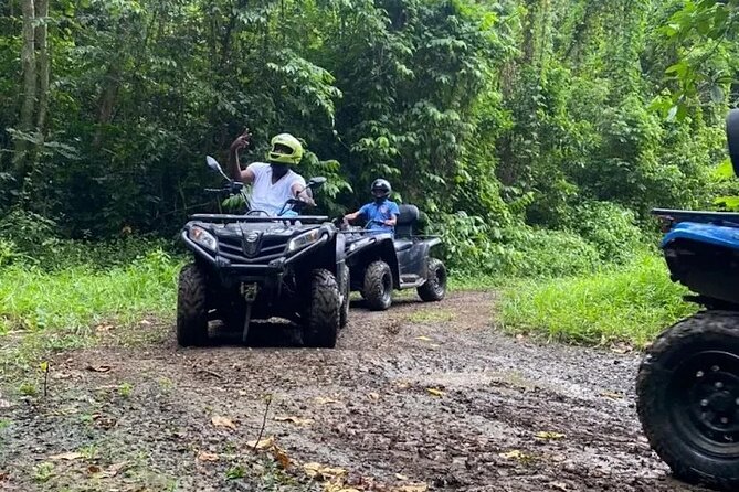 ATV Riding in Rainforest & Ricks Cafe from Montego Bay - Safari ATV riding, gearing up, and the river foot dip
